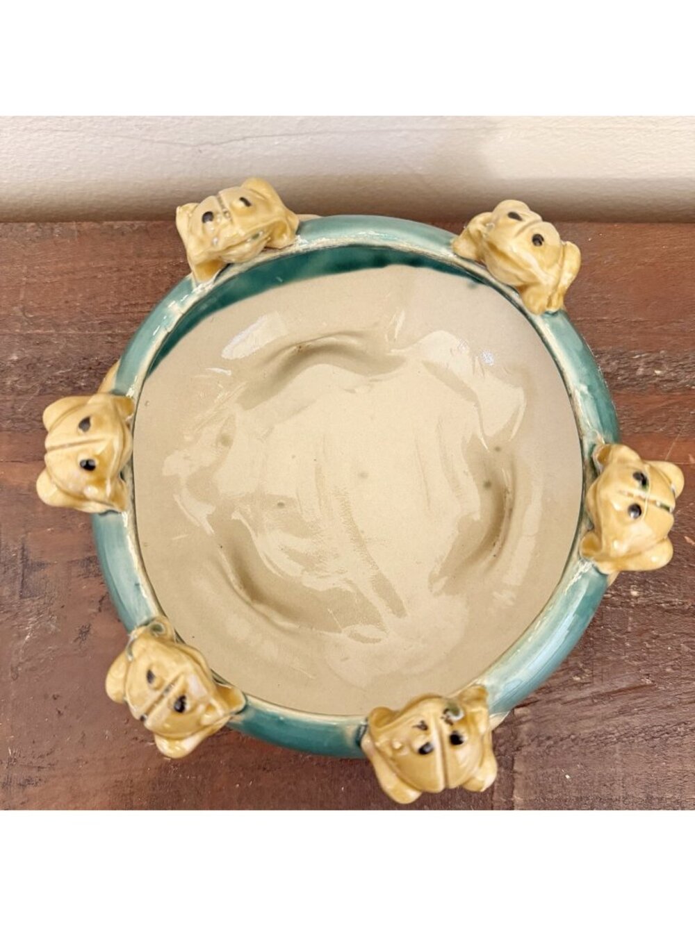 Vintage Majolica Style Glazed Pottery 6-Frog Planter Bowl | Green & Brown Drip